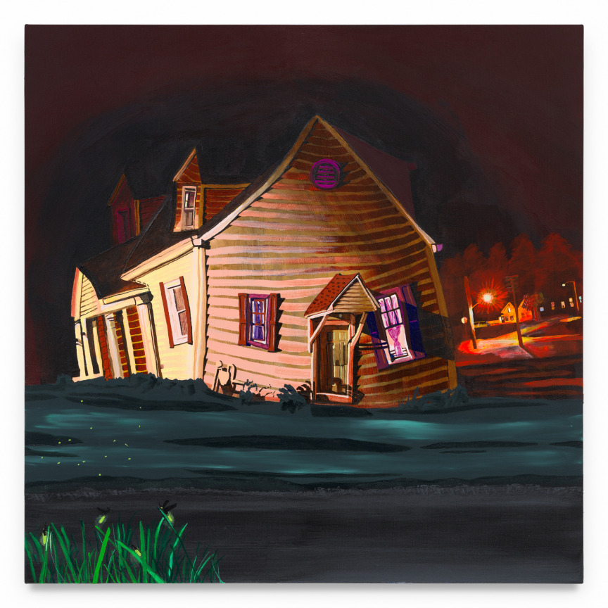 The little bird thought she was going to die out there in the forest. All alone. She called out, in her sweet baby voice, to see if her ma would hear her. Her voice was so pure, it carried for miles through the trees. And suddenly, out of nowhere, her ma came flying down and scooped her up in her breast. And the little baby bird chirped with delight, She held on tight to the trees till they came to a beautiful place. Where she and her ma and pa could live happily together. The sun shone brightly, the air was clear, and she was home. &mdash;Clare, The Nightingale (2018), 2025, Acrylic on canvas, 36 x 36 inches, 91.4 x 91.4 cm, MMG#37831