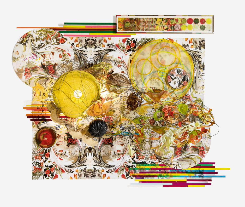 Quartet One, 2018,&nbsp;Photographic inspired digital image, wire frame, acrylic, melted plastic, aluminum discs, fungus, paper, glitter, Styrofoam, fluorescent light, drawing in artist&#039;s frame, 120.75 x 156 x 32 inches,&nbsp;306.7 x 396.2 x 81.3 cm,&nbsp;MMG#30418