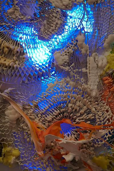 &quot;Humming in 5 Parts (detail),&quot; 2012, Honeycomb cardboard, melted plastics, expanded foam, mild steel rod, fluorescent light, 61 x 61 x 12 inches, A/Y#20617