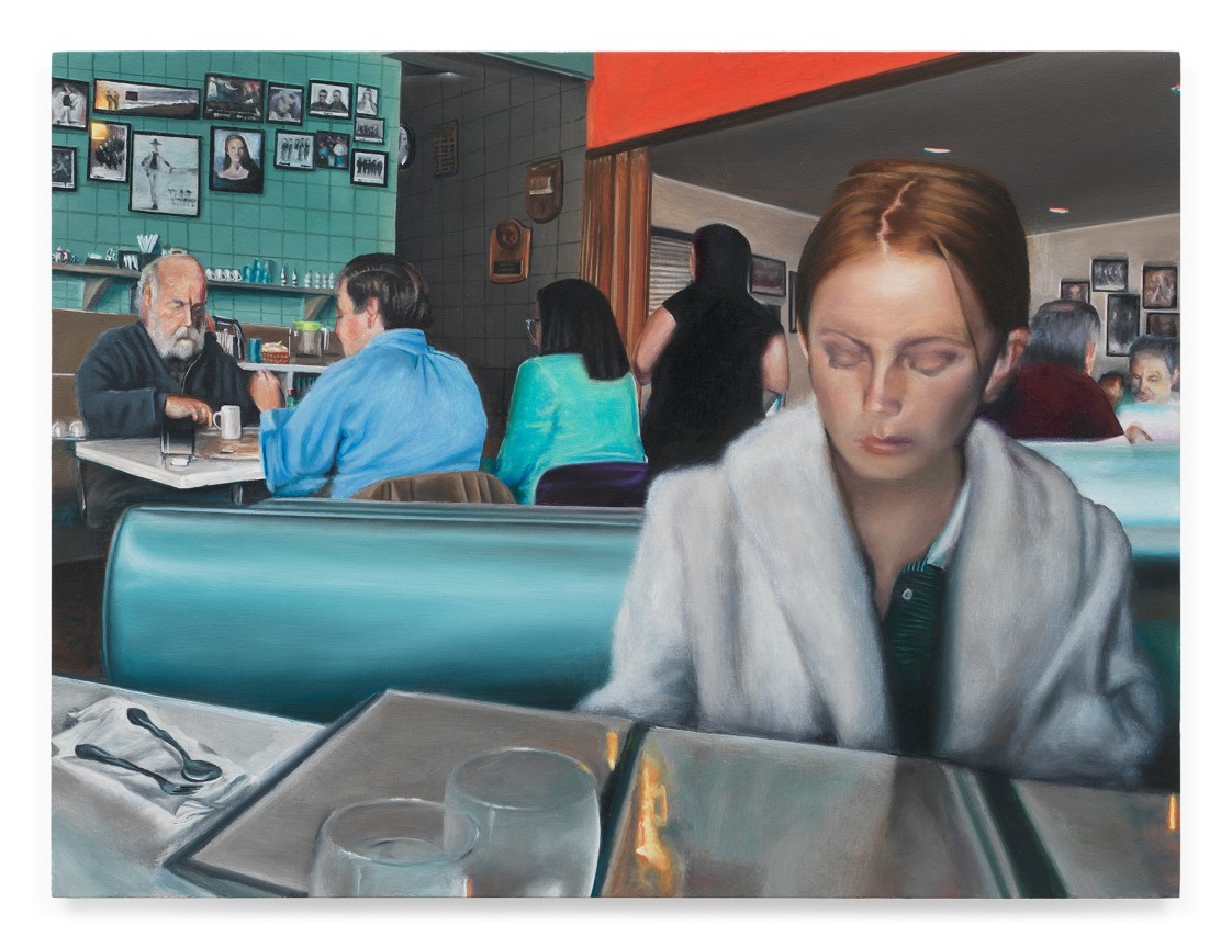 Booth at Latif&#039;s, 2023, Oil on panel, 7 3/4 x 10 3/8 inches, 19.7 x 26.4 cm, MMG#37693