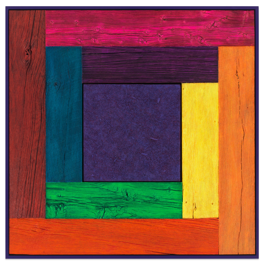 Douglas Melini, Untitled (Tree Painting, Full Spectrum/Purple), 2019, Oil on linen and acrylic stain on reclaimed wood with artist frame, 42 x 42 inches, 106.7 x 106.7 cm, MMG#32877