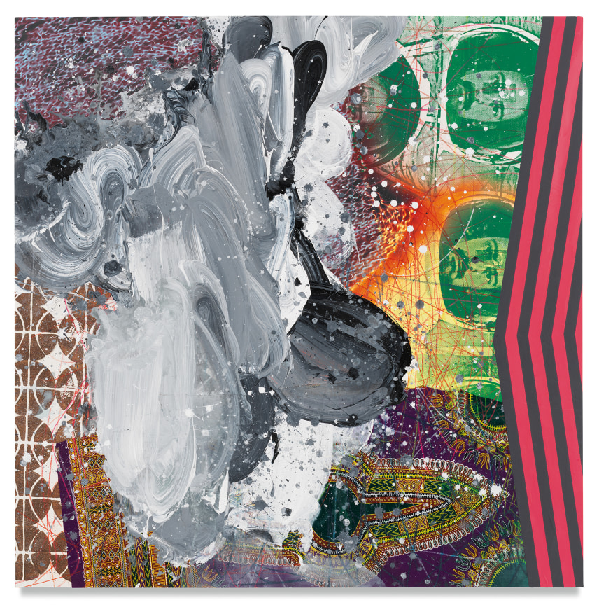 Blindcut, 2019,&nbsp;Acrylic, oil, spray paint, glitter, collage, crayon and graphite on canvas,&nbsp;48 x 48 inches,&nbsp;121.9 x 121.9 cm,&nbsp;MMG#31523