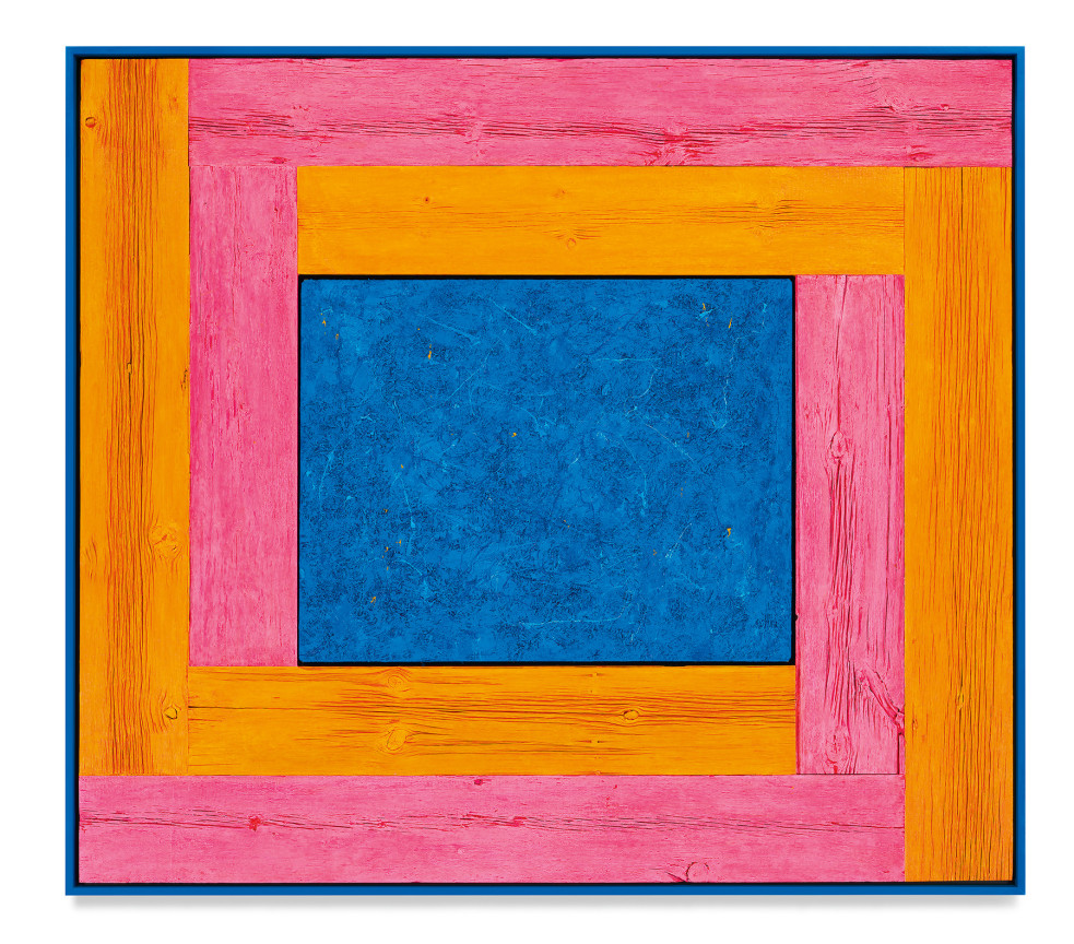 Untitled (Tree Painting-Double L, Pink, Orange, and Blue), 2021, Oil on linen and acrylic stain on reclaimed wood with artist frame, 62 7/8 x 71 inches, 159.7 x 180.3 cm,&nbsp;MMG#33039