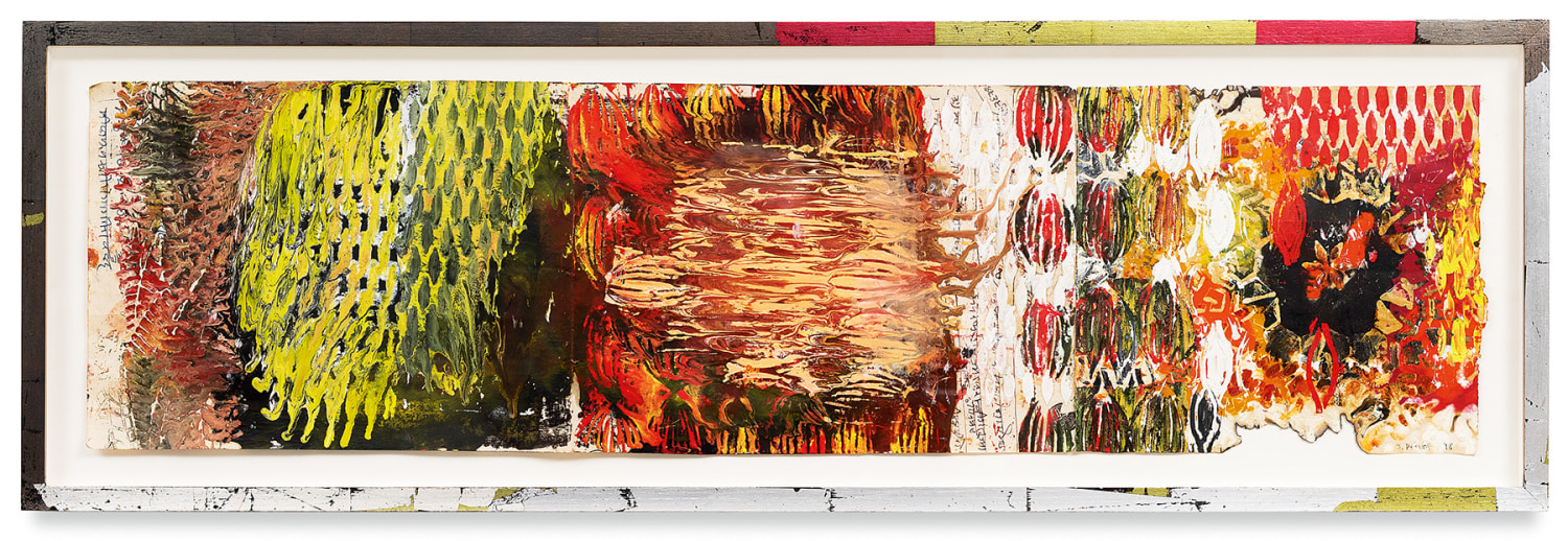 Year of the Rat 11, 2018,&nbsp;Vintage Indian paper, oil stick, encaustic, vintage Indian paper, in artist&#039;s frame,&nbsp;13 x 40.5 inches,&nbsp;33 x 102.9 cm,&nbsp;MMG#30608