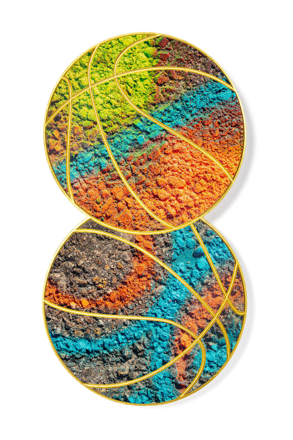 Alexandre Arrechea, SWEAT, 2021, UV Ink and Gold Leaf on wood, 26 x 48 x 1.5 inches, 66 x 121.9 x 3.8 cm, MMG#33324