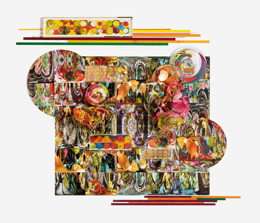 Quartet Three, 2018,&nbsp;Photographic inspired digital image, acrylic, expanded foam, aluminum discs, paper, acrylic, melted plastic, Styrofoam, drawing in artist&#039;s frame,&nbsp;121 x 149 x 21 inches,&nbsp;307.3 x 378.5 x 53.3 cm,&nbsp;MMG#30420