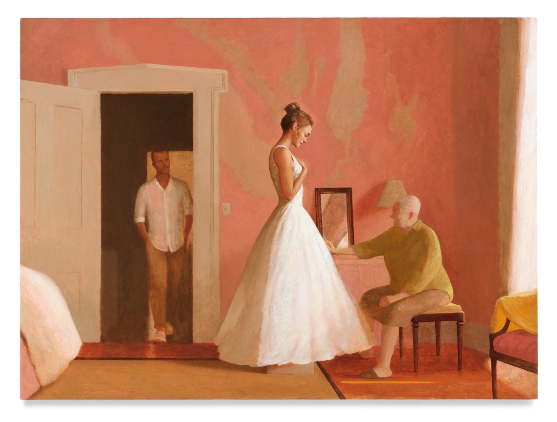 The Fitting, 2021, Oil on panel, 32 x 43 1/8 inches, 81.3 x 109.5 cm, MMG#33009