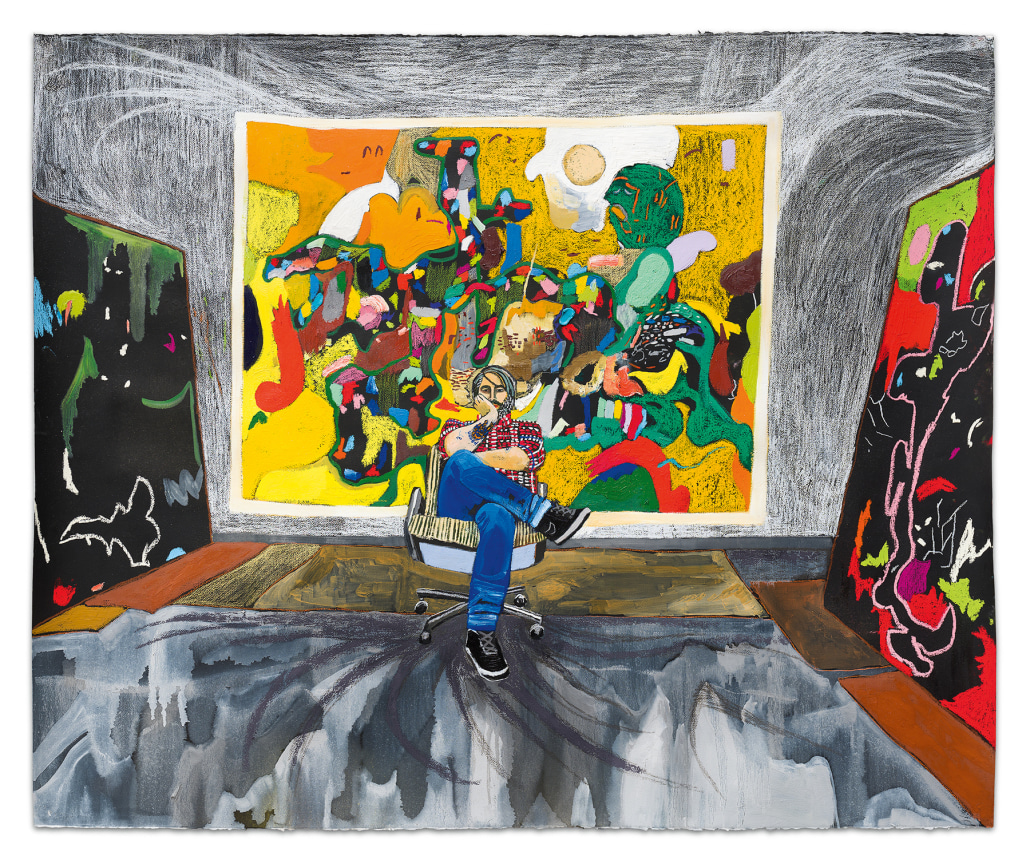 Michael Bauer in the Studio, 2020, Colored pencil, oil paint and pastel on paper, 44 3/4 x 54 inches, 113.7 x 137.2 cm, MMG#32641