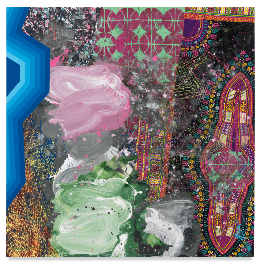 Psychlodroma, 2019,&nbsp;Acrylic, oil, spray paint, glitter, collage, crayon and graphite on canvas,&nbsp;48 x 48 inches,&nbsp;121.9 x 121.9 cm,&nbsp;MMG#31529