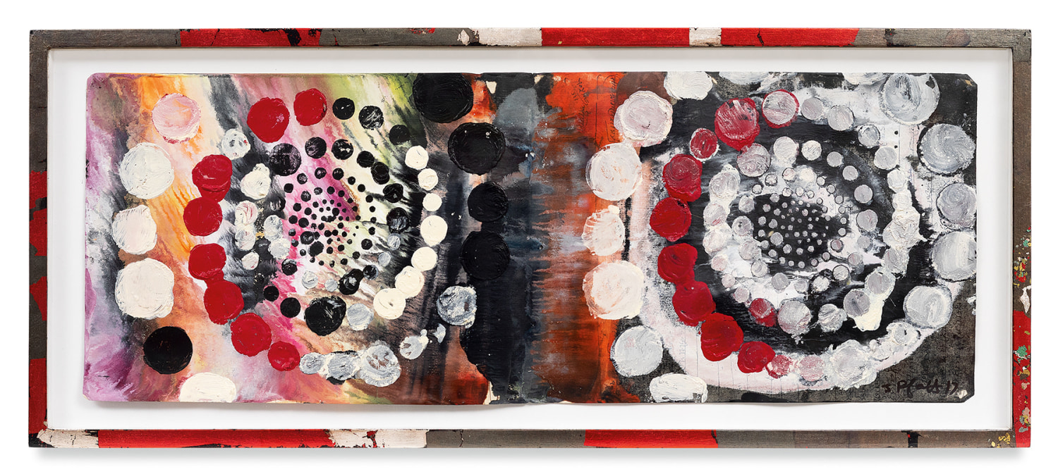 rOOster 42, 2017,&nbsp;Oil stick, encaustic, vintage Indian paper, in artist&#039;s frame,&nbsp;12.25 x 29.25 inches,&nbsp;31.1 x 74.3 cm,&nbsp;MMG#30614