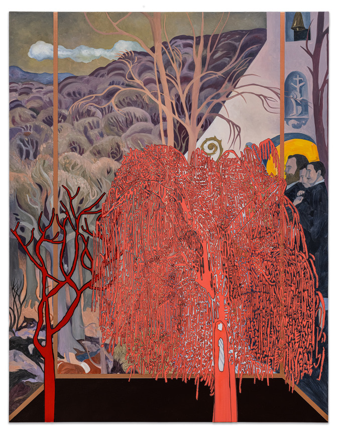 Whitney Bedford,&nbsp;Veduta (Denis The Arrival), 2024, Ink and oil on nylinen on panel, 46 1/4 x 36 x 2 inches, 117.5 x 91.4 x 5.1 cm, MMG#37162