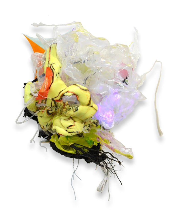 Moon Jelly, 2020, Melted plastic, acrylic, expanded foam, roots, motorized lighting, 30 x 30 x 36 inches