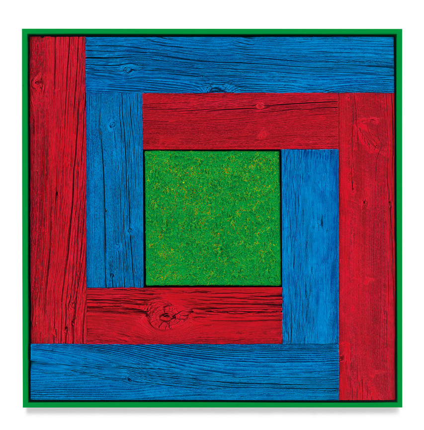 Untitled (Tree Painting, Double L, Red, Blue, and Green), 2020, Oil on linen and acrylic stain on reclaimed wood with artist frame, 33 7/8 x 33 7/8 inches, 86 x 86 cm,&nbsp;MMG#32873