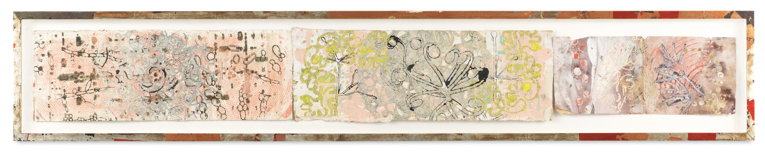 Untitled, 2016,&nbsp;Oil stick, ink, vintage Indian paper, in artist&#039;s frame,&nbsp;13 x 79 inches,&nbsp;33 x 200.7 cm,&nbsp;MMG#29794