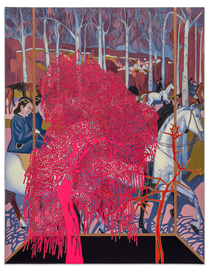 Whitney Bedford,&nbsp;Veduta (Denis The Departure), 2024, Ink and oil on nylinen on panel, 46 1/4 x 36 x 2 inches, 117.5 x 91.4 x 5.1 cm, MMG#37002