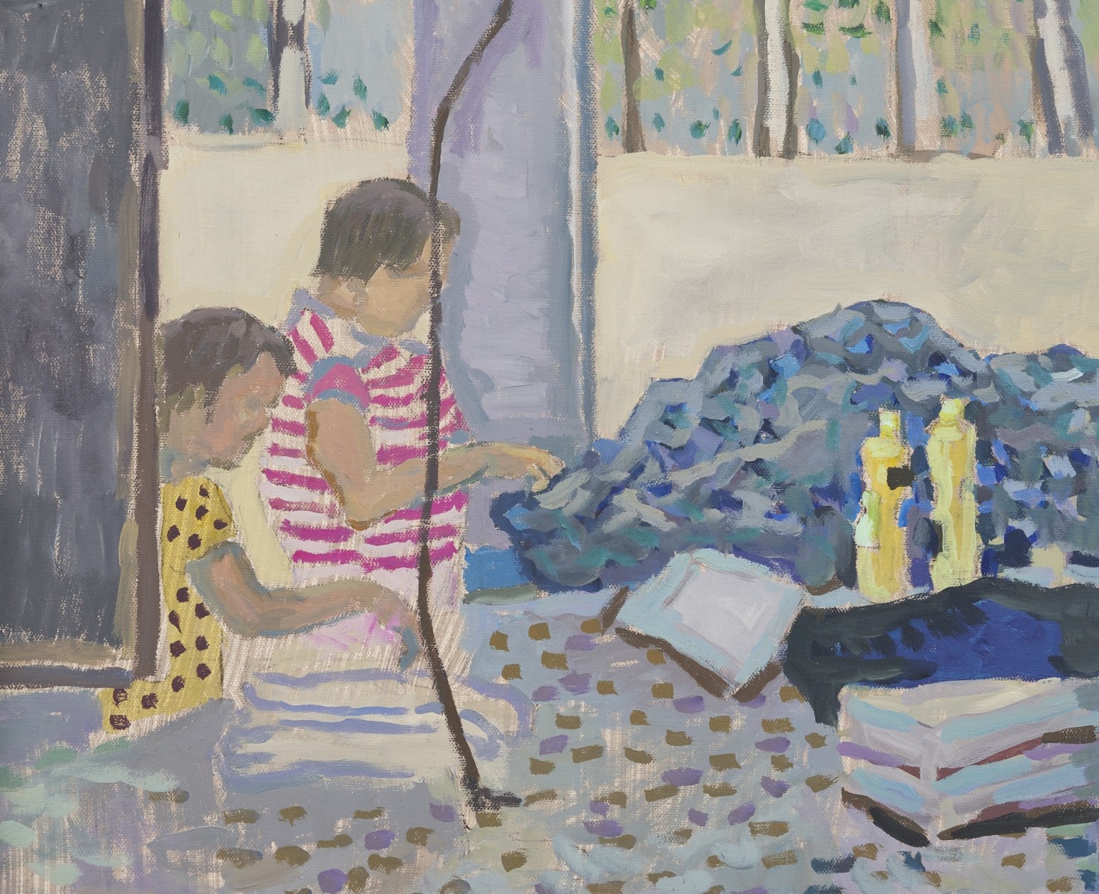 painting of two people sewing by YFJ