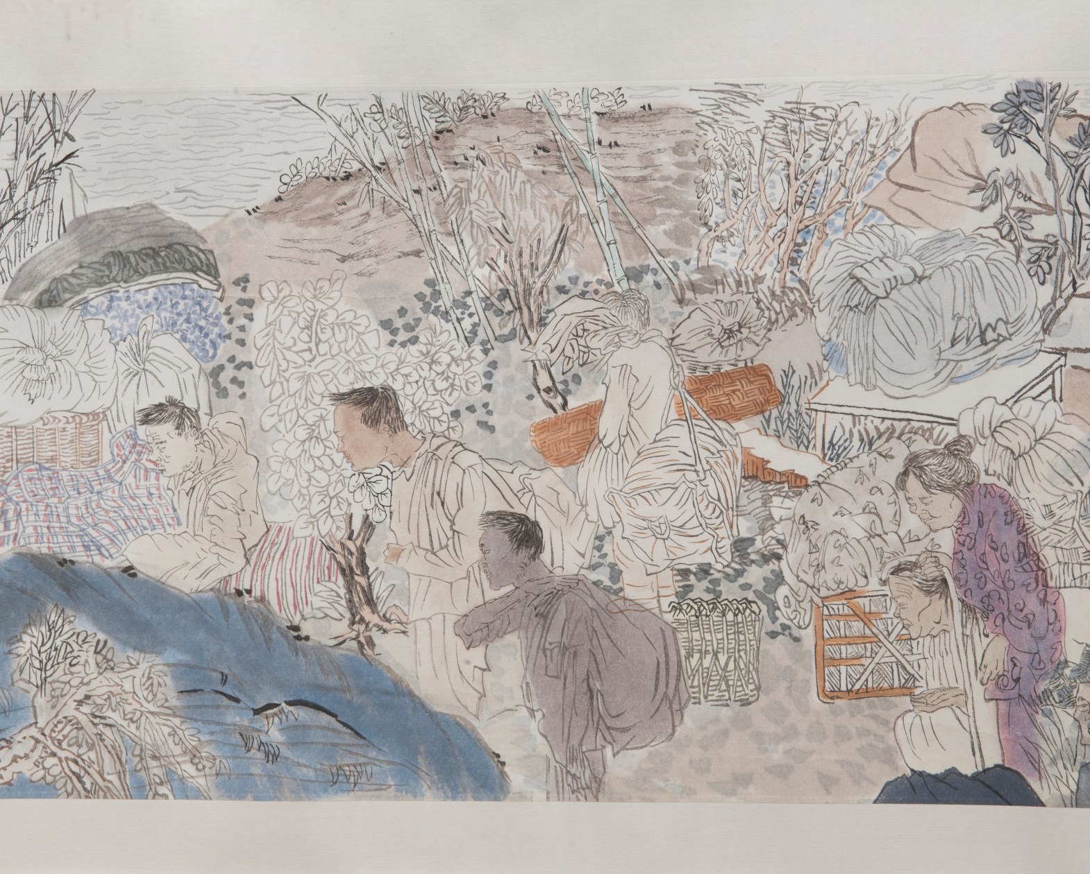 YUN-FEI JI, The Three Gorges Dam Migration, 2009 Hand-printed watercolor woodblock mounted on paper and silk, 15 7/8 x 123 3/4 in.