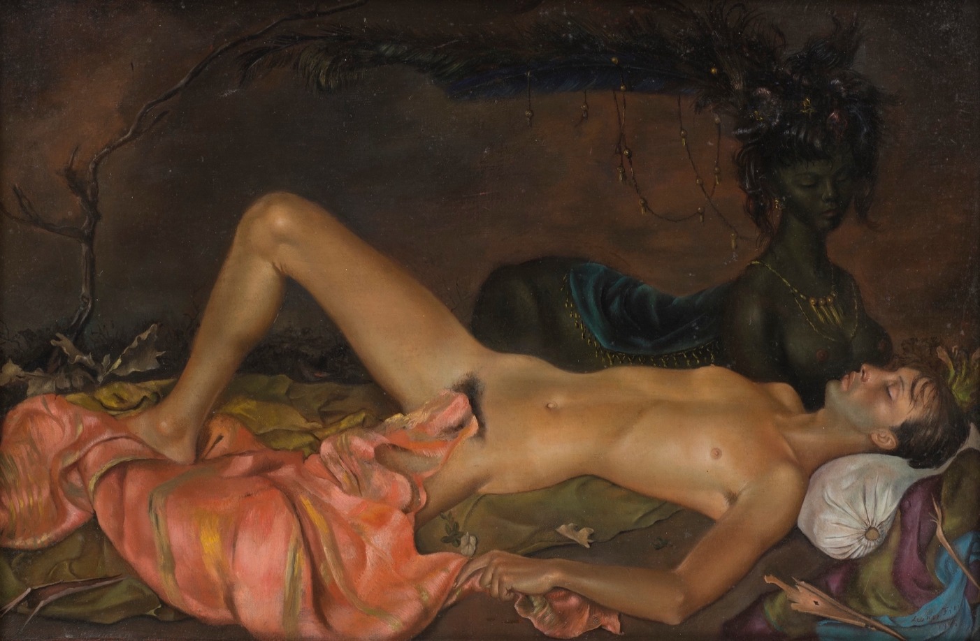 Leonor Fini, Divinite chtonienne guettant le sommeil d'un jeune homme (Chtonian Deity Watching over the Sleep of a Young Man), 1946, oil on canvas, 11 x 16.25 in. Courtesy of Weinstein Gallery.