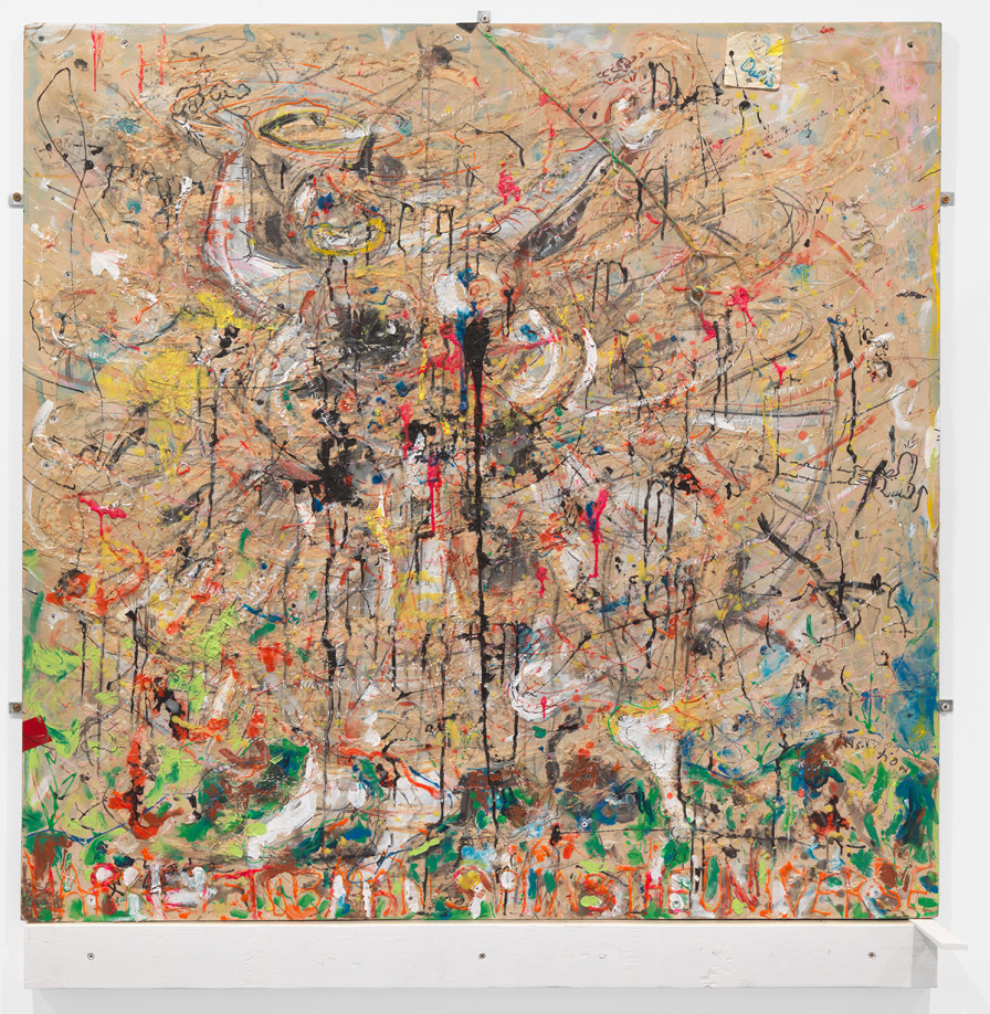 Pope.L, Harriet Tubman Spins the Universe, 1998-2017, acrylic, peanut butter, ballpoint, marker, ink, pencil, post-it, twine, eye screw, S-hook, glue and mending plates on sheetrock on ledger with tape and shim, 52 3/8 x 50 3/8 x 6 3/4 in. &copy; The Estate of Pope.L, courtesy of The Estate and Mitchell-Innes &amp;amp; Nash, New York.