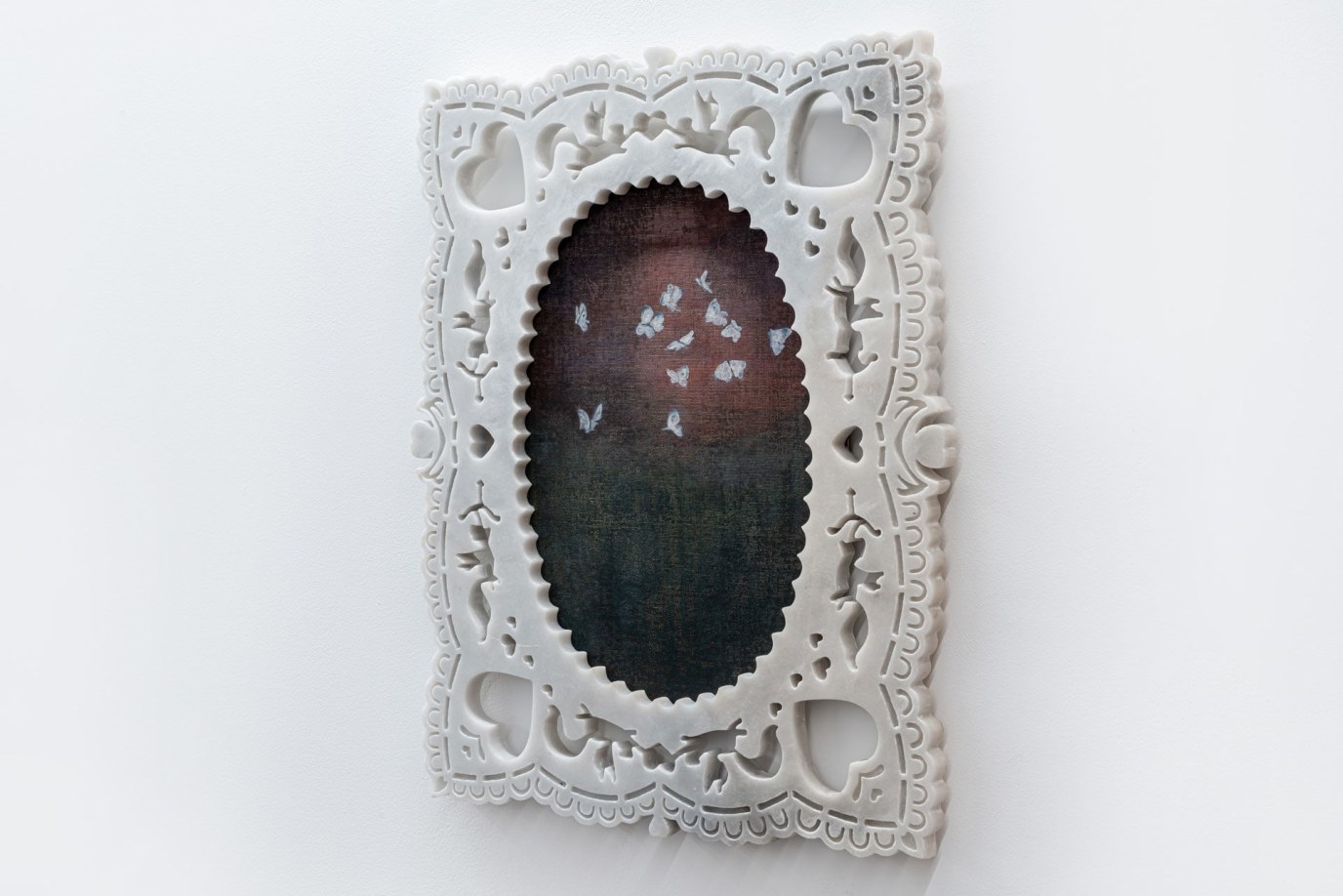 Sameen Agha, Months, years, millennia, 2025, oil on canvas, marble, 20 x 16 in, courtesy the artist and Indigo+Madder, London