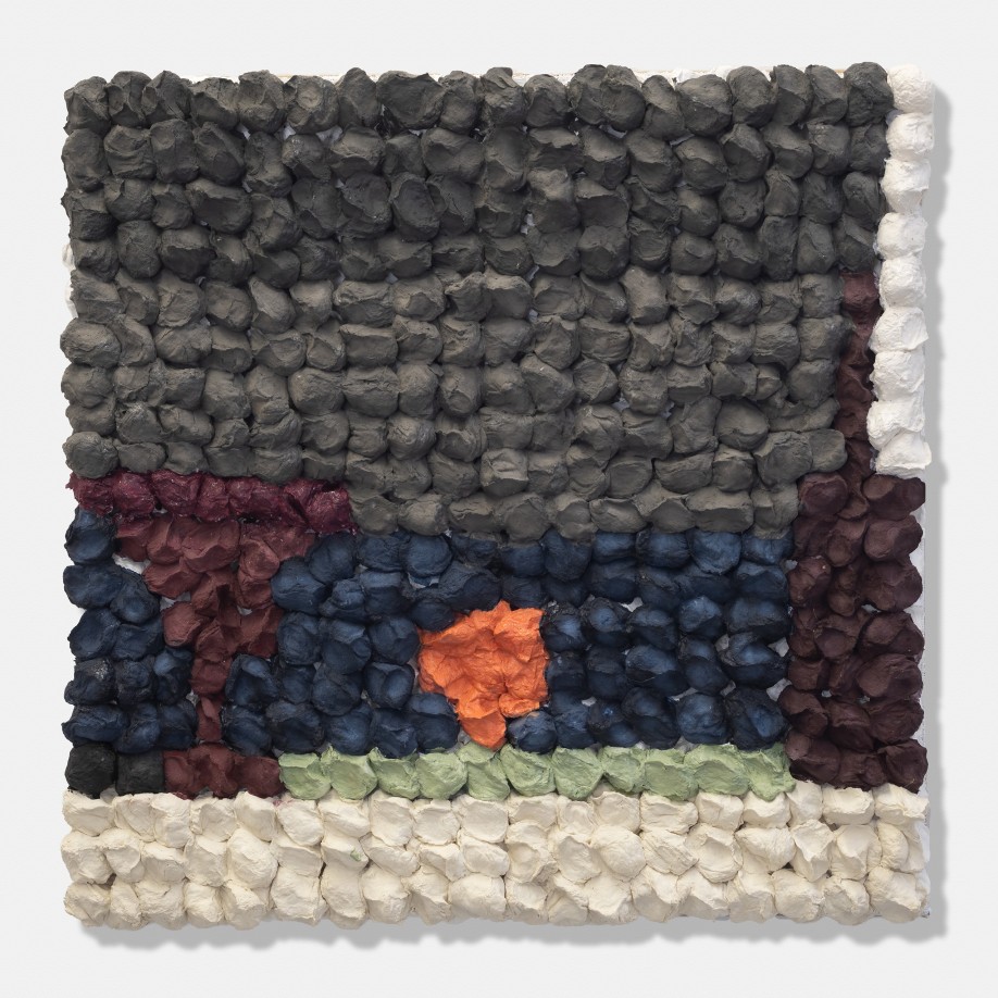 Joe Zucker, Untitled, 2019, burlap, cotton, and acrylic, 23 x 23 in. Courtesy of Jupiter Contemporary.