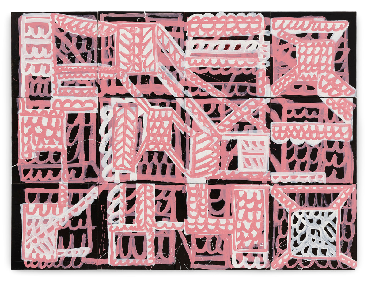 Pam Glick, Pink Gerty-Niagara-USA-Canada, 2021. Water based enamel acrylic and graphite on canvas, 12 panels each: 50.8 x 50.8cm (20 x 20in) Overall: 152.4 x 203.2cm (60 x 80in). Copyright Pam Glick. Courtesy the artist and Stephen Friedman Gallery, London.