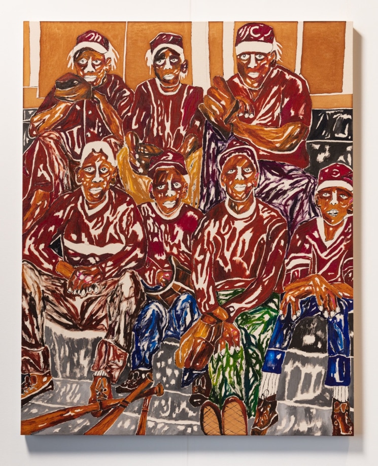 Chase Hall, The Away Team (Little League), 2021, acrylic and coffee on cotton canvas, 60 x 48 in., photography by Sylvia Ross, courtesy of the artist and Monique Meloche Gallery, Collection of the High Museum. 