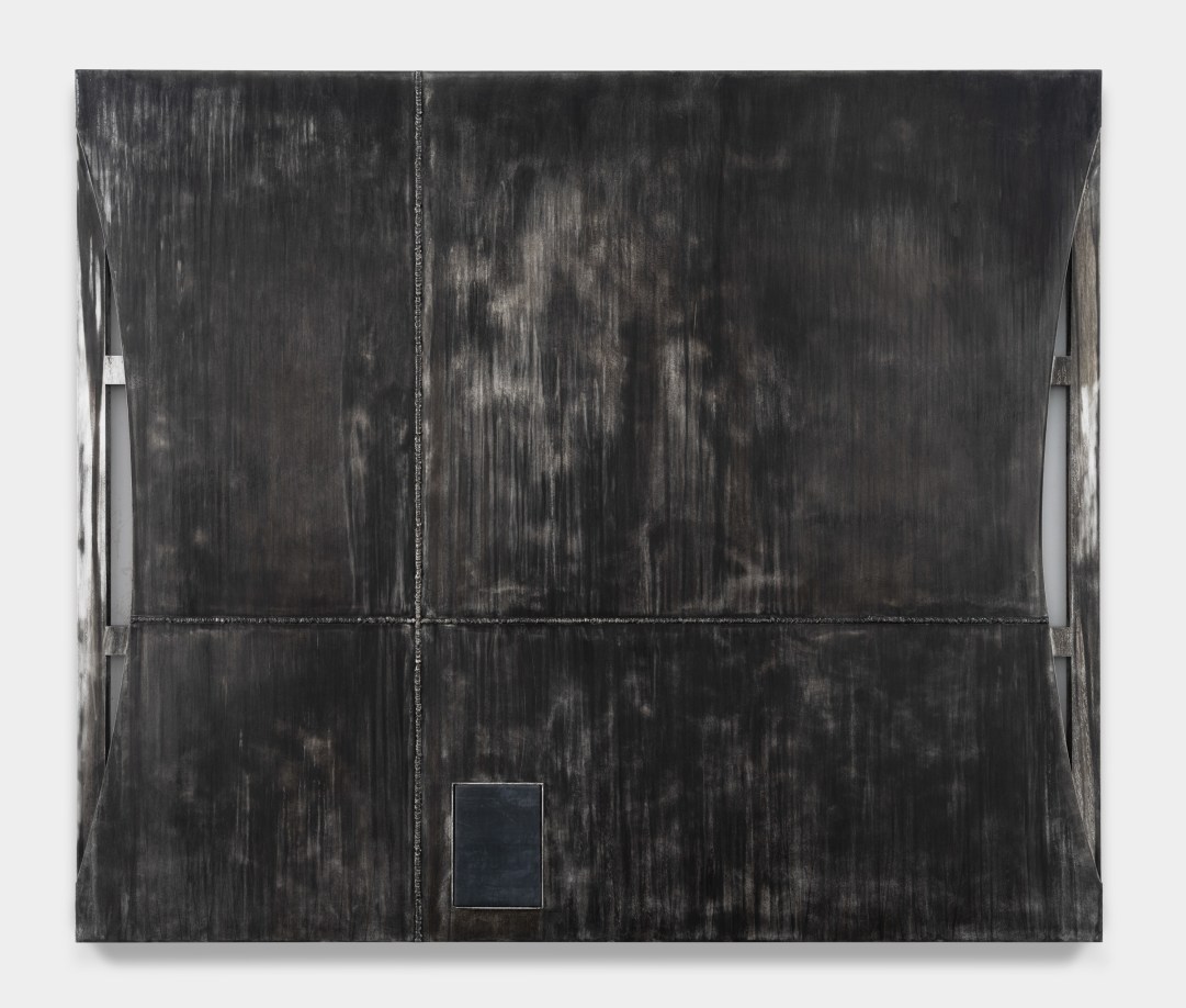 Reginald Sylvester II, Welded Tribute, 2024, aluminum blackener on aluminum, 66 x 90 x 1.375 in., photography by Daniel Greer, courtesy the artist and Maximillian William, London.