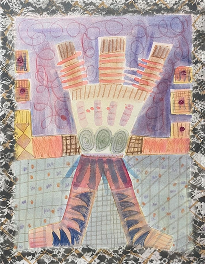 Tamara Gonzales, Golden Dawn, 2021, acrylic, pastel, and spray paint on canvas, 85 &times; 74 inches (215.90 &times; 187.96 cm.). Courtesy of the artist and Klaus von Nichtssagend Gallery.