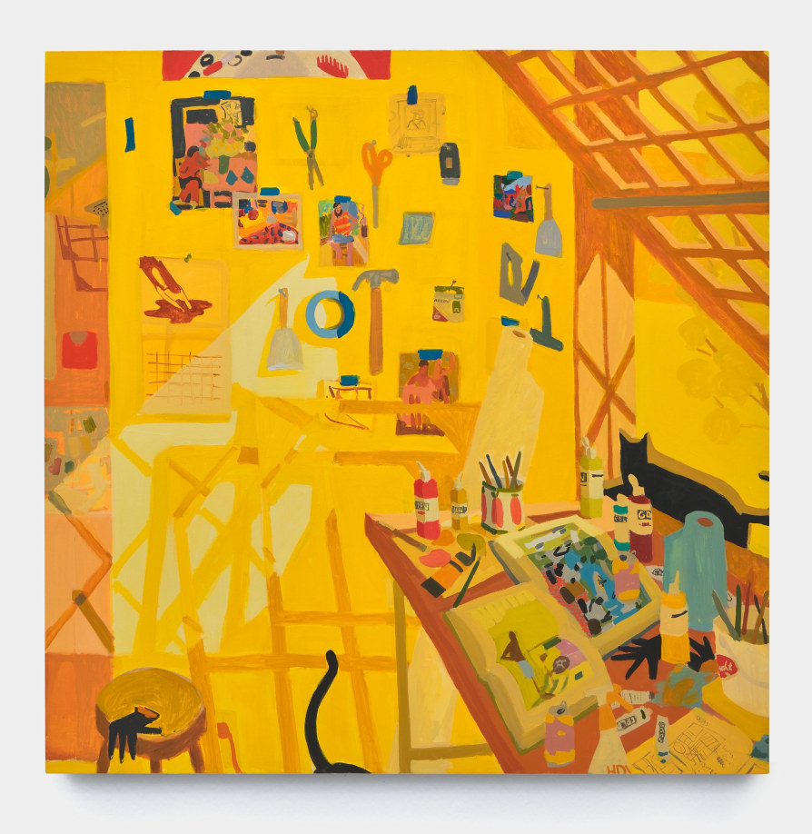 Sophie Treppendahl, Studio with Nemo and Nadine, 60 x 60 inches. Image courtesy the artist and Jack Hanley Gallery