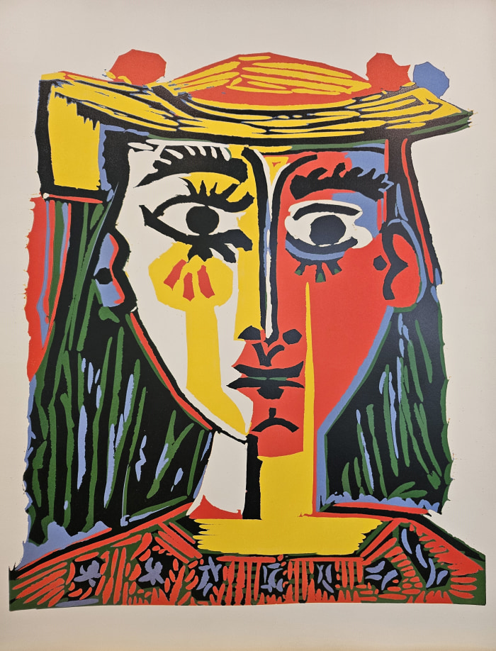 Pablo Picasso,&nbsp;Buste de Femme au Chapeau, 1962, Linocut, 25 x 21 in, Courtesy John Szoke Gallery