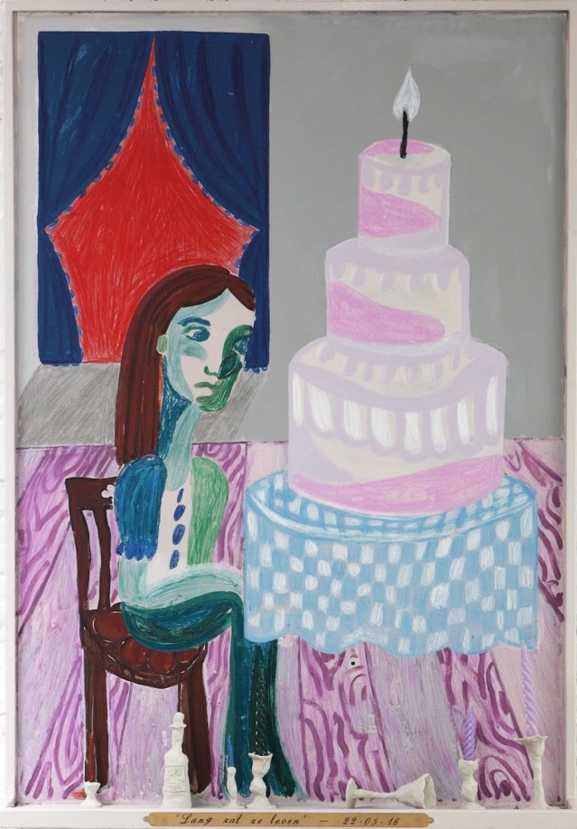 Nel Aerts Lang zal ze leven (22-05-2016), 2016 Paper, acrylic, coloured pencil, oil pastel, spraypaint, stickers, clay and candles on wood panel 106 x 150 x 15 cm (NA77)