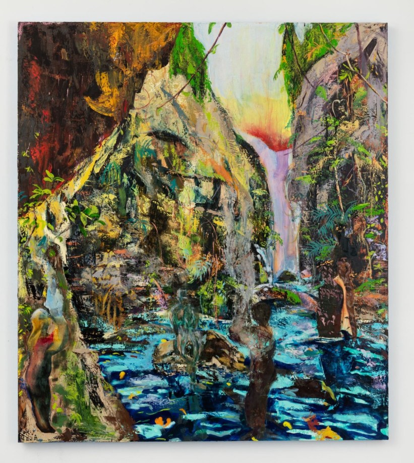 Maia Cruz Palileo, The Mountain Pool, 2024, oil on canvas, 72 x 64 in., photography by Mikhail Mishin, courtesy of the artist and Monique Meloche Gallery. Collection of the TANG Art Foundation, Hong Kong.