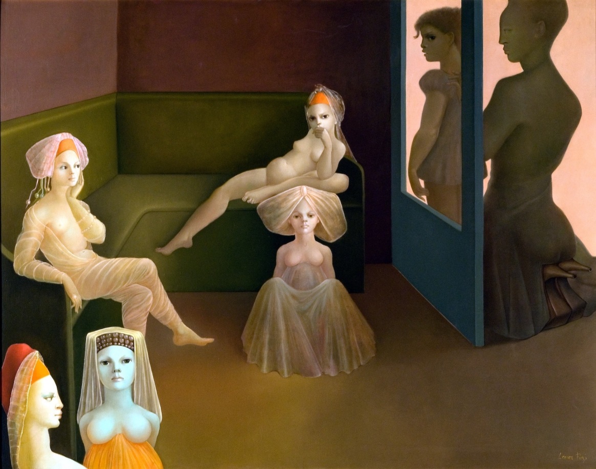 Leonor Fini, Rasch, Rasch, Rasch, meine Puppen Warten (Hurry, Hurry, Hurry... My Dolls are Waiting), 1975, Oil on canvas, 44.75 x 57.25 in. Courtesy of Weinstein Gallery.