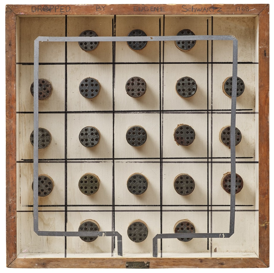 Dan Basen,&nbsp;My Jolie,&nbsp;1965, wood, glass, tape and found objects, 22.01 x 22.01 x 5 in. Courtesy of Galerie Gmurzynska.