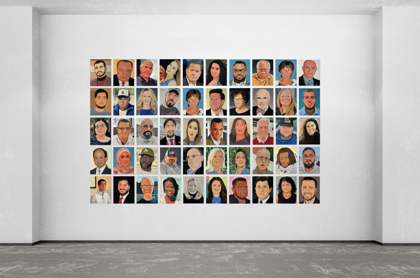 Tod Lippy, My Fellow Americans, 2025, 70 x 110 in total, 14 x 11 in each, acrylic gouache, wax crayon, colored pencil, graphite, Sharpie, and paint pen on gessoed board, courtesy of The Meeting