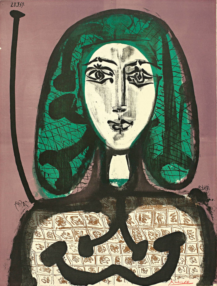 Pablo Picasso, La Femme à la Résille (Femme aux Cheveux verts), 1949, lithograph, 36 x 29 1&frasl;2 in, Courtesy John Szoke Gallery