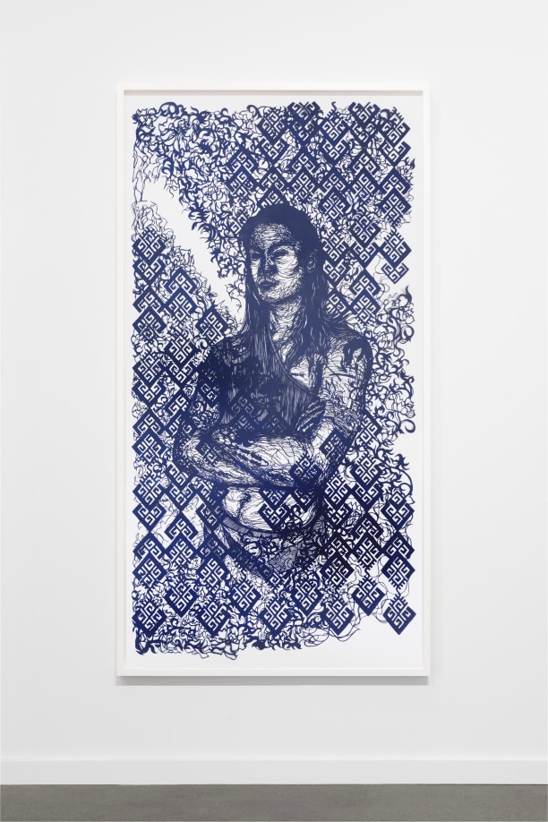 Antonius-Tín Bui, like my desire now for the life stars have. to be fixed. to be luminous. I knew what I wanted but I didn't know how I'd achieve it, 2022, hand cut paper, ink, and paint, 83 x 42 in., photography by Mikhail Mishin, courtesy of the artist and Monique Meloche Gallery. Collection of the Jordan Schnitzer Family Foundation. 