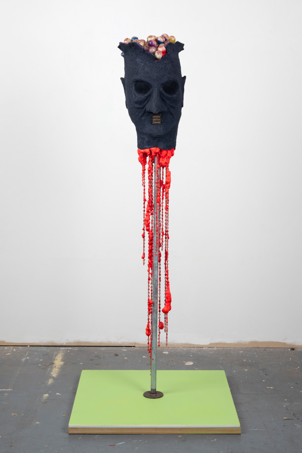 Arthur Pe&ntilde;a, Attempt 212, 2023,&nbsp;foam, acrylic, glitter, rhinestones, rubber eyeballs, thread, resin, 3-D printed door, chains, steel, drywall, pine, 24 x 24 x 55 inches, courtesy the artist and Harlesden High Street, London