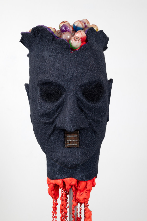 Arthur Pe&ntilde;a, Attempt 212 (detail), 2023, foam, acrylic, glitter, rhinestones, rubber eyeballs, thread, resin, 3-D printed door, chains, steel, drywall, pine, 24 x 24 x 55 inches, courtesy the artist and Harlesden High Street, London