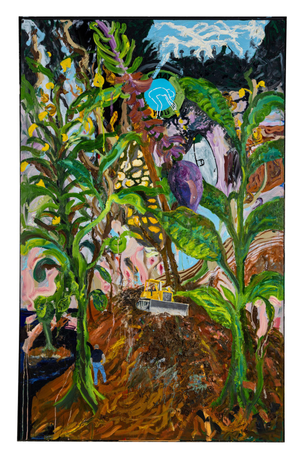 Peter Nadin, Curt and Mert Landscaping, 2020, oil on panel, 77 3/8 x 48 1/2 in., © Peter Nadin, courtesy Off Paradise. 