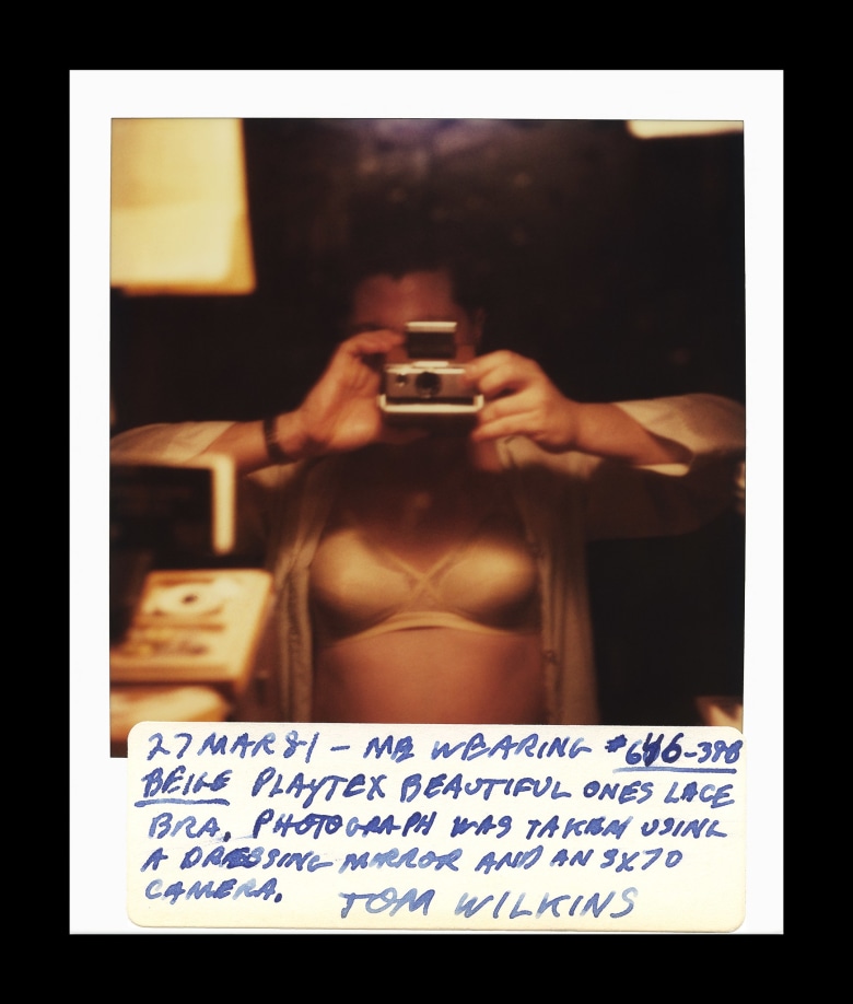 Tom Wilkins, Me Wearing 38B Beige Playtex Beautiful Ones Lace Bra, 1981, SX-70 Polaroid, 4 1/4 x 3 1/2 in. (10.8 x 8.8 cm), Courtesy Ricco/Maresca and christian berst art brut