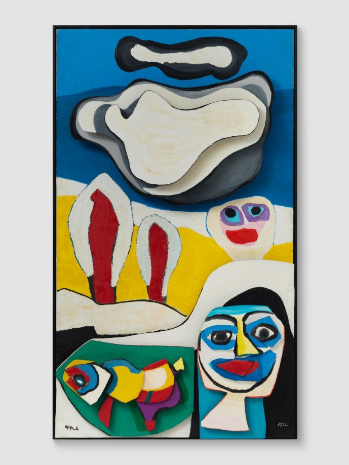 Karel Appel, People in Landscape no.2, 1972, Acrylic and wood relief on canvas, 76 3/4x44 7/8in,&nbsp;&copy; Karel Appel Foundation c/o ARS 2024