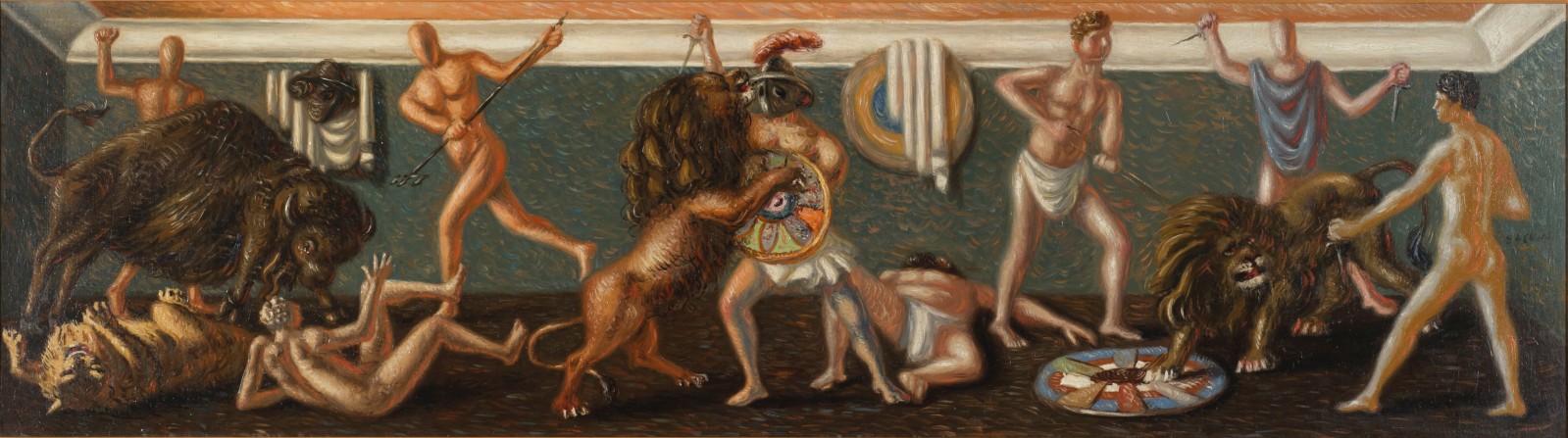 Giorgio de Chirico, Gladiateurs et Fauves (Gladiators and Wild Beasts), 1928, oil on canvas, 17.75 x 63 inches (45 x 160 cm). Photo: &copy; 2022 Artists Rights Society (ARS), New York / SIAE, Rome, courtesy of Nahmad Contemporary, New York