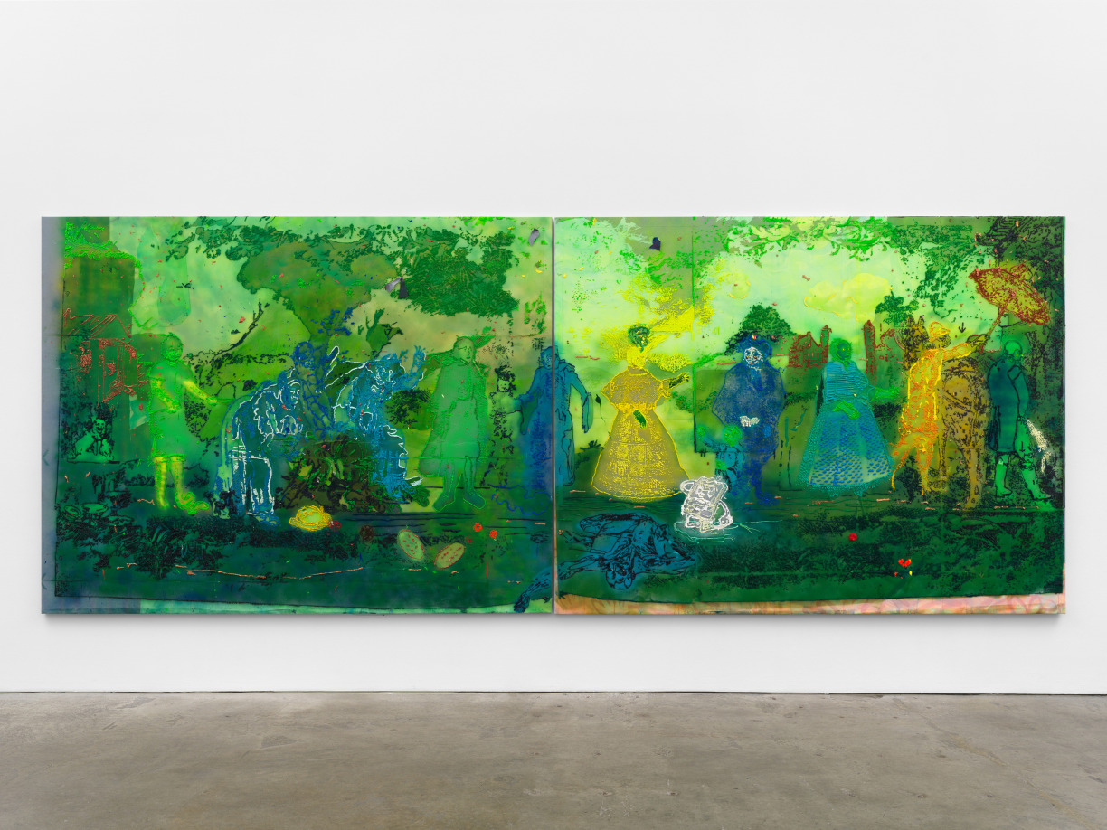 Austin Martin White,&nbsp;Linear Casta (diminishing air quality in the botanical garden of the castas), 2023, rubber, acrylic medium, pigment, spray paint, vinyl, 3m reflective fabric, glow-in-the dark fabric, nylon mesh, 82 x 210 inches, photography by Dan Bradica, courtesy of the artist and Derek Eller Gallery