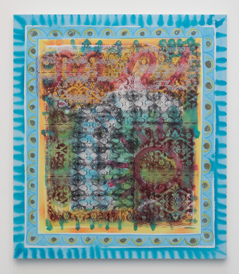 Tamara Gonzales, Golden Dawn, 2021, Acrylic, pastel, and spray paint on canvas, 85 &times; 74 inches (215.90 &times; 187.96 cm.).&nbsp;Courtesy of the artist and Klaus von Nichtssagend Gallery