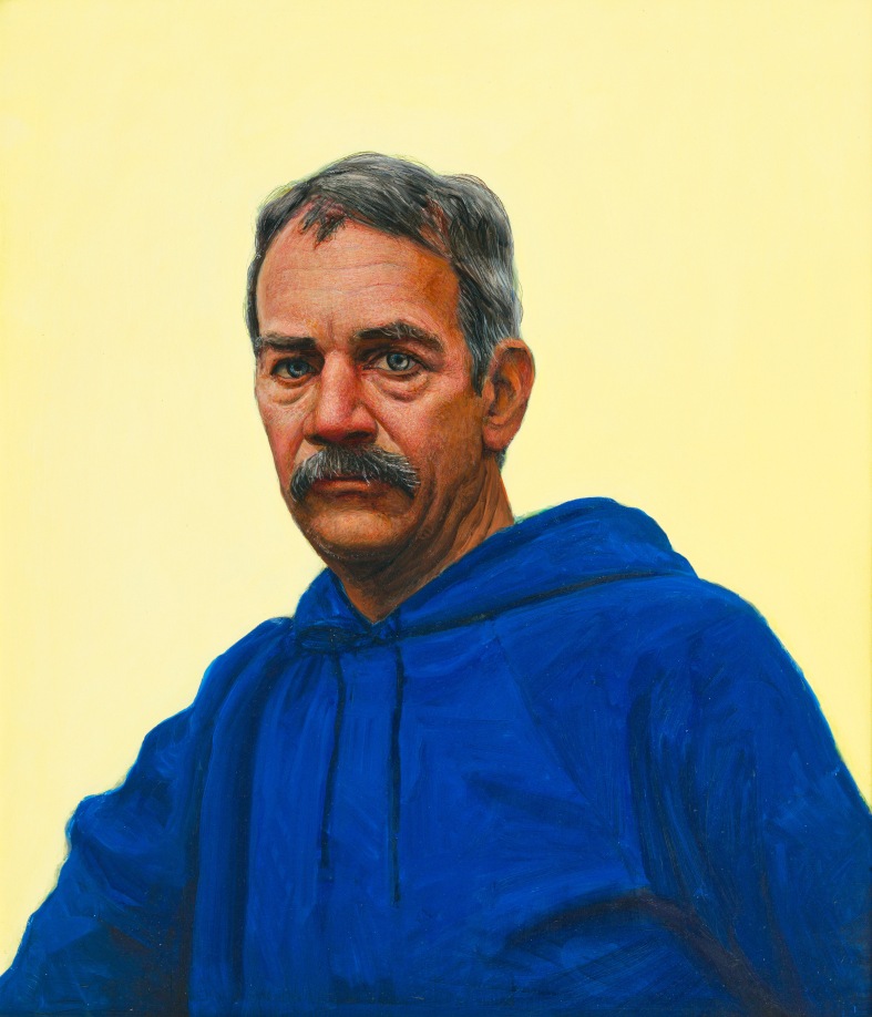 Gregory Gillespie, Self Portrait in Blue Hooded Sweatshirt, 1993, oil and alkyd on board, 26 x 22 1/2 in. Courtesy of Forum Gallery and Independent.