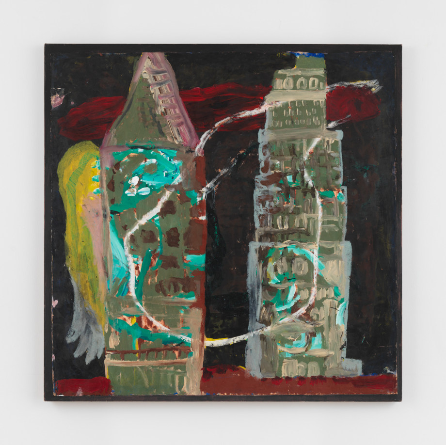 Roberto Juarez, Con Ed, 1985, 44 in x 44 in, mixed media on paper mounted on canvas, courtesy of Magenta Plains, 