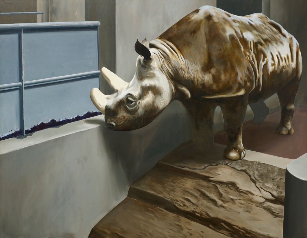 Gilles Aillaud,&nbsp;Rhinocéros, 1972, Oil on canvas, 195 x 250 cm. Courtesy galerie Loevenbruck, Paris &copy; ADAGP, Paris. Fonds Gilles Aillaud. Courtesy Ortuzar Projects, New York / Galerie Loevenbruck, Paris. Photo Fabrice Gousset.&nbsp;
