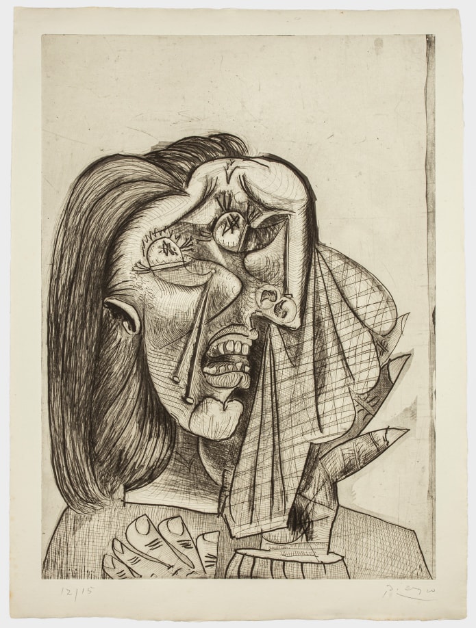 Pablo Picasso,&nbsp;La Femme qui pleure I, 1937, Aquatint, scraper, drypoint and etching, 27 x 19 1/4 in, Courtesy John Szoke Gallery